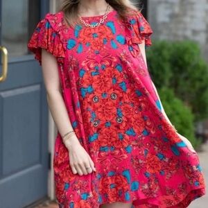 Free People Yara Hot Pink and Blue Floral Dress